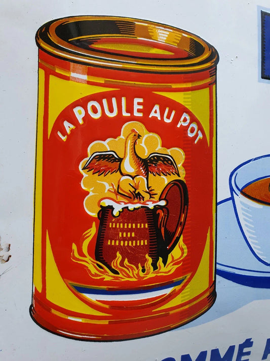 Plaque émaillée originale La Poule au Pot Blanche 1935