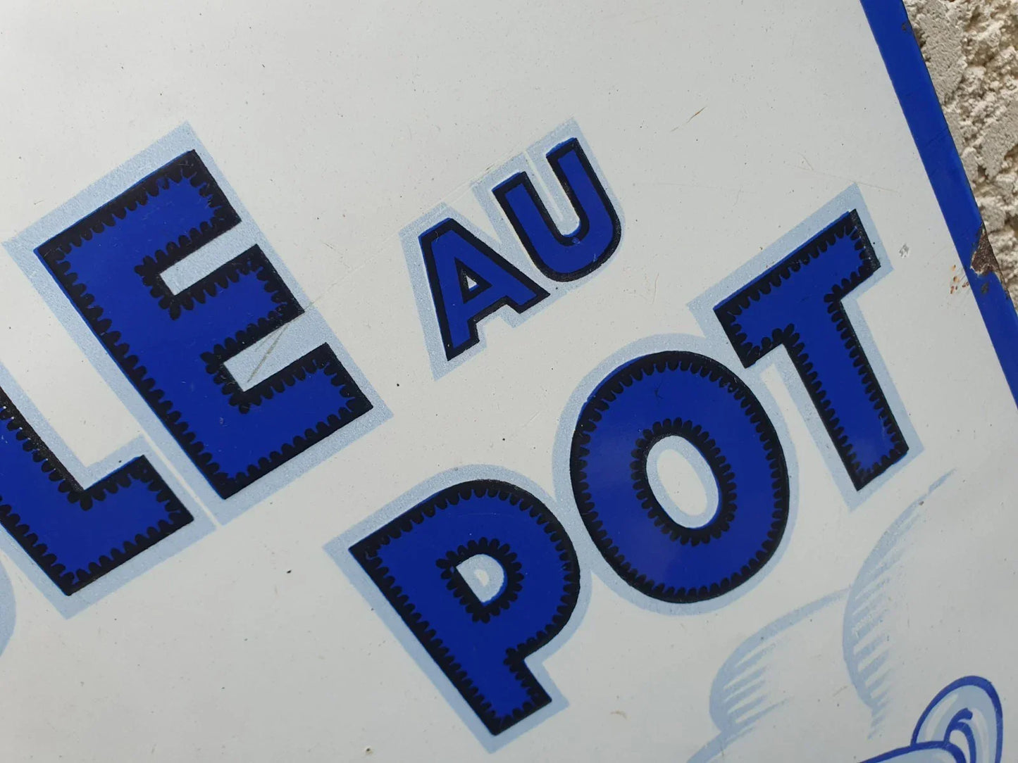 Plaque émaillée originale La Poule au Pot Blanche 1935
