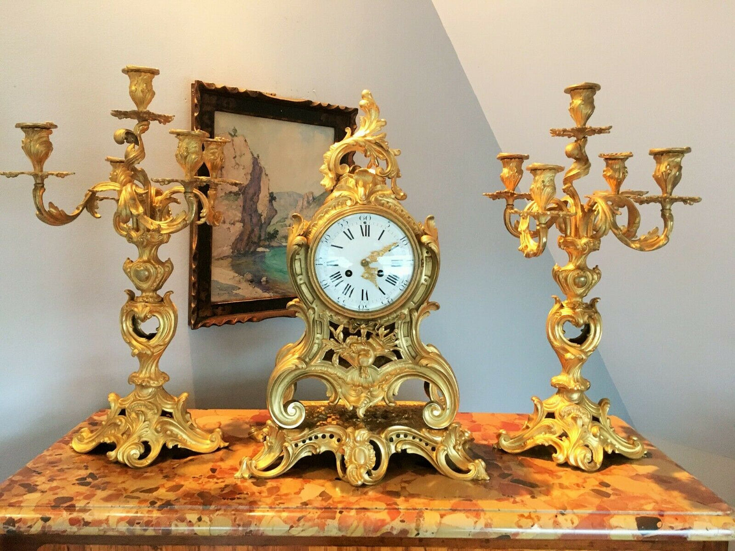 Cartel et Candélabres formant Garniture de Cheminée ou Table Louis XV Napoleon III