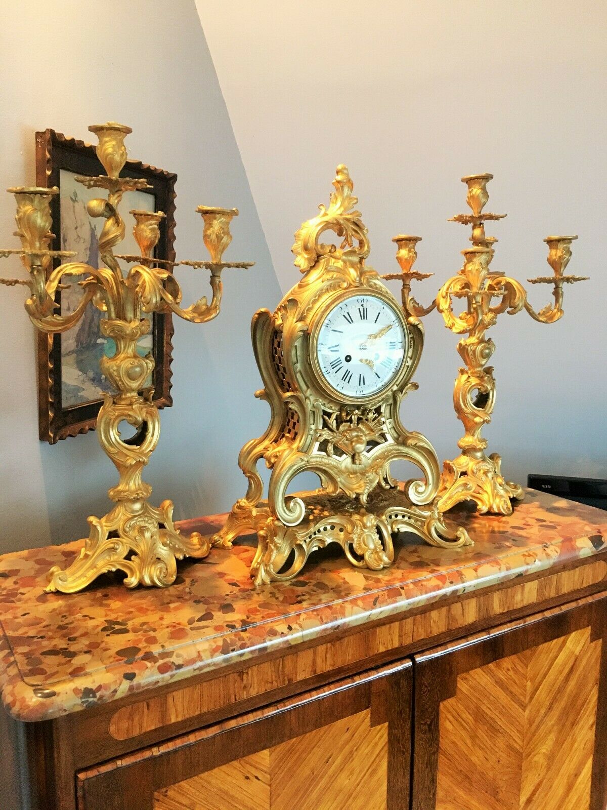Cartel et Candélabres formant Garniture de Cheminée ou Table Louis XV Napoleon III