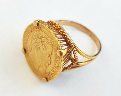 BAGUE CHEVALIÈRE OR 18 K PIECE 10 FRANCS OR NAPOLÉON III 1866